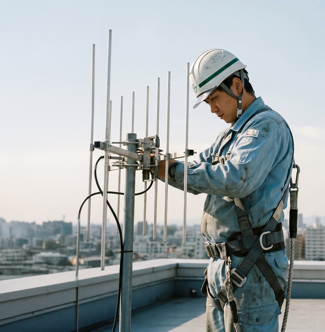 屋上でアンテナ設備の調整を行う技術者