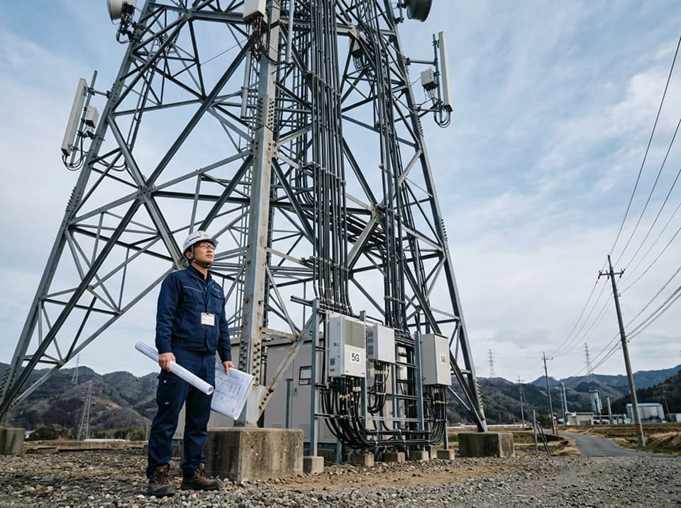 携帯電話基地局の鉄塔と技術者